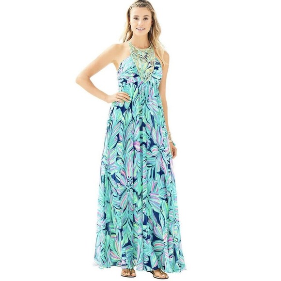 Lilly Pulitzer NEW Lannette High Tide Dancing Lady Gold Beads Maxi Dress 2 $368 - Picture 3 of 16